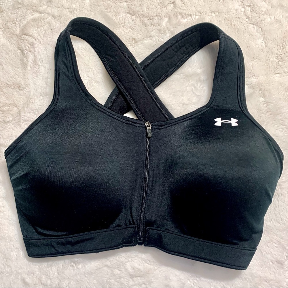 Under Armour Sports Bra Small (32-34) Black Front ZipUp Wide Straps Cross Back